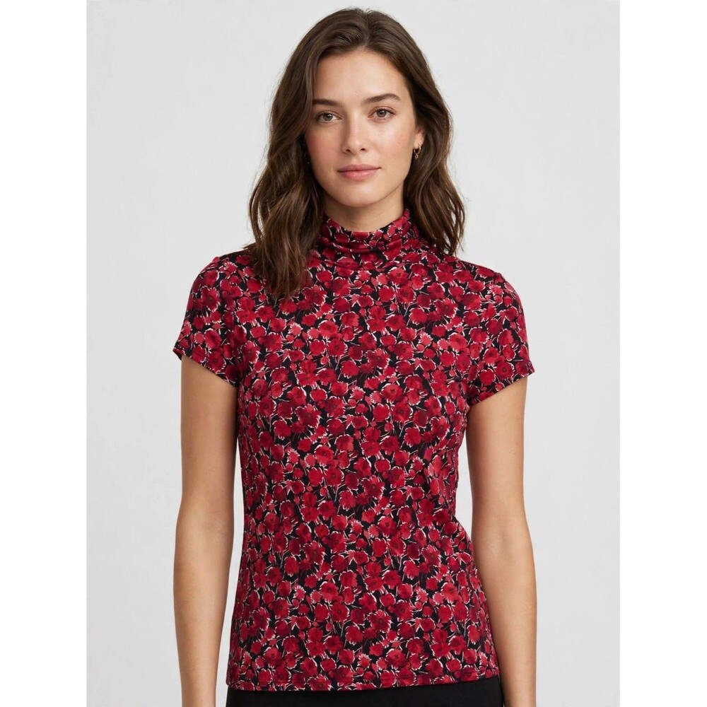 Alfani Petite S Red Floral Turtleneck Top Short Sleeve Y2K Blouse Mock Neck Sm